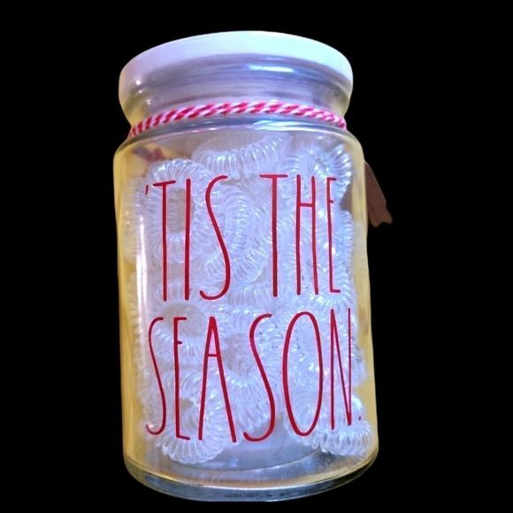 Rae Dunn 'Tis The Season' Glass Jar with Lib 60 Clear Hair Ties New - Picture 1 of 3